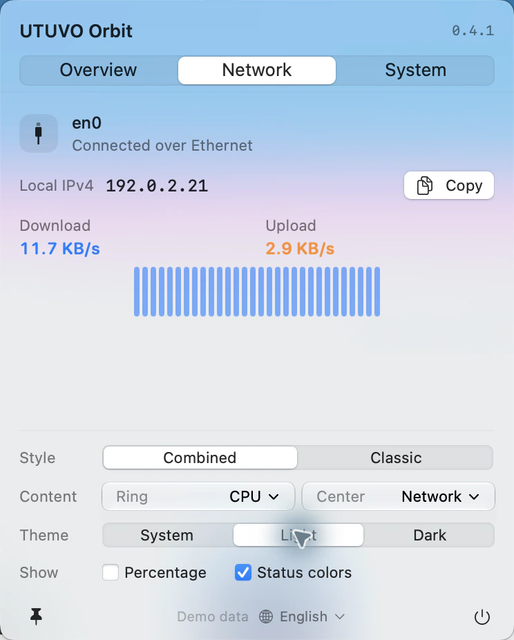 Network panel with demo interface, IP and traffic trends