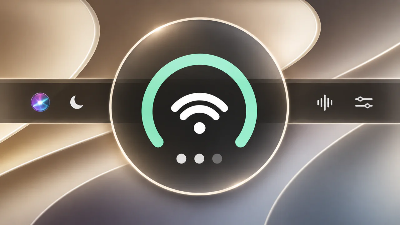 UTUVO Orbit promotional illustration: an oversized mint icon above a champagne-gold desktop and menu bar
