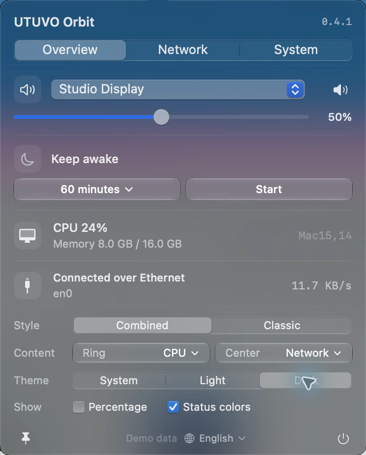 Orbit in Dark mode, with status and display controls in one panel