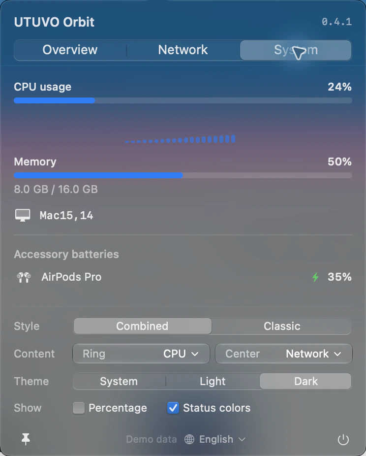 System panel with accessory batteries and an AirPods charging indicator
